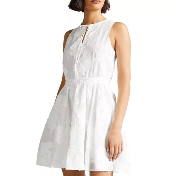 TED BAKER LONDON Mini Dress Maylee Floral Appliqué Tie-front Cotton White 6 - Picture 2 of 16